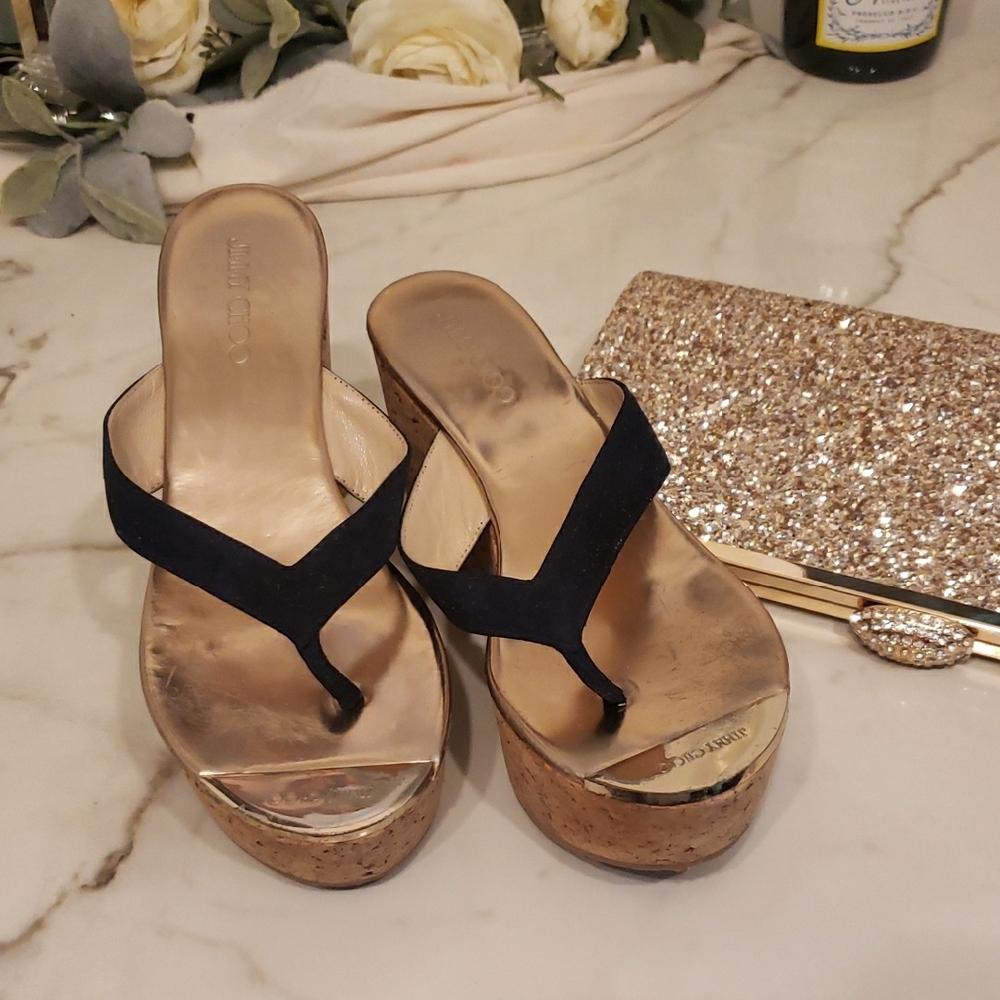 Jimmy Choo Black and Gold Wedge Sandals
